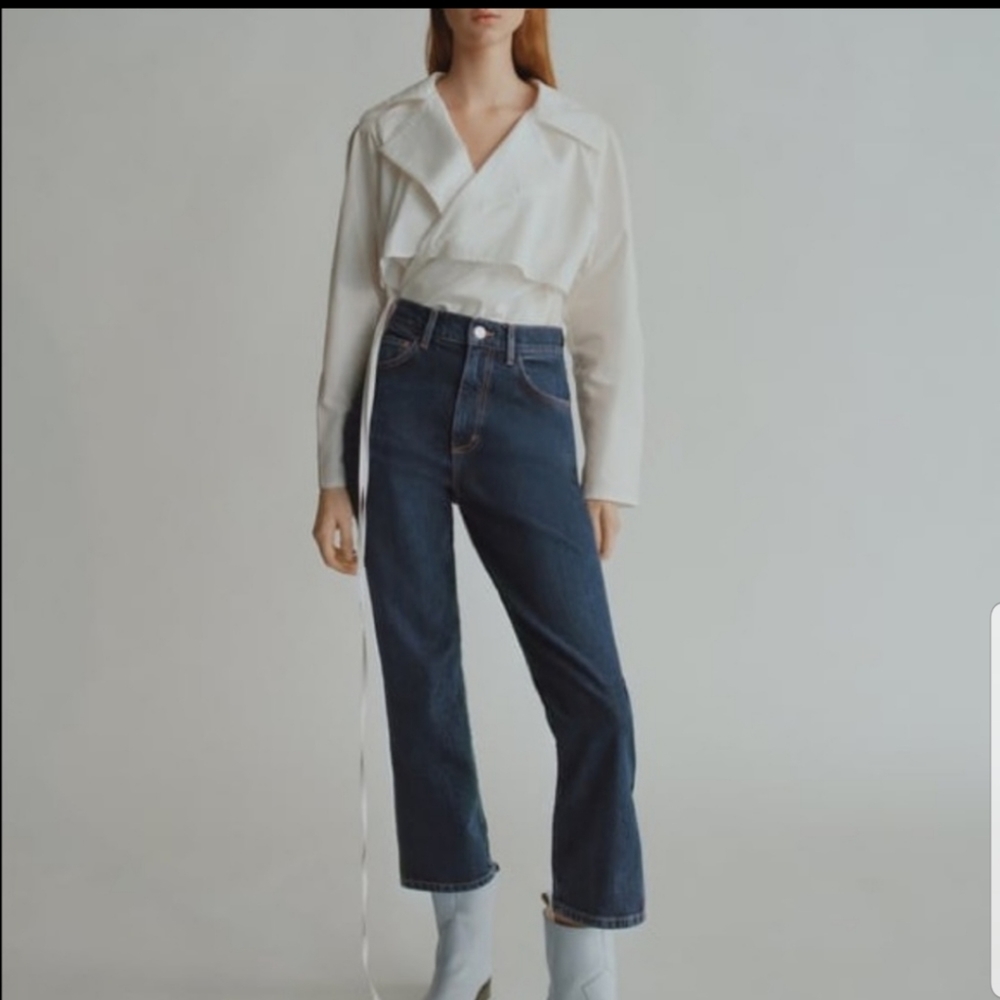 ZARA white tie waist long sleeve v neck button front cotton blouse NWT